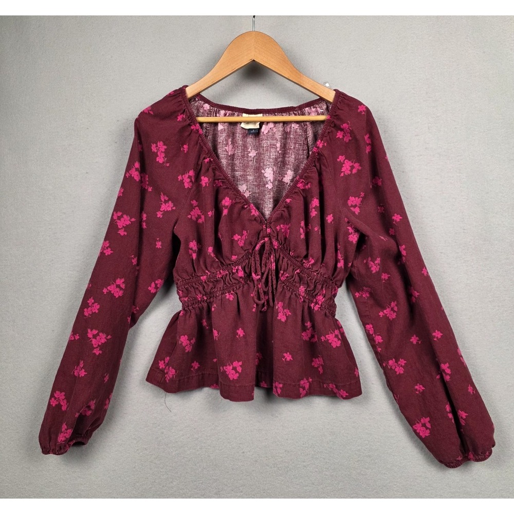 Floral Babydoll Top Womens Small Burgundy Pink Smocked Waist Peasant Blouse Y2k